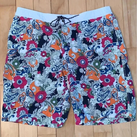 Tommy Hilfiger Board Shorts Swim Trunks Mens XL Blue Groovy Floral White Orange - Picture 1 of 9